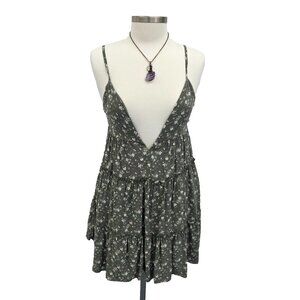 Aeropostale Floral Tiered Mini Dress Plunge Neck Boho Sleeveless Green S NWT